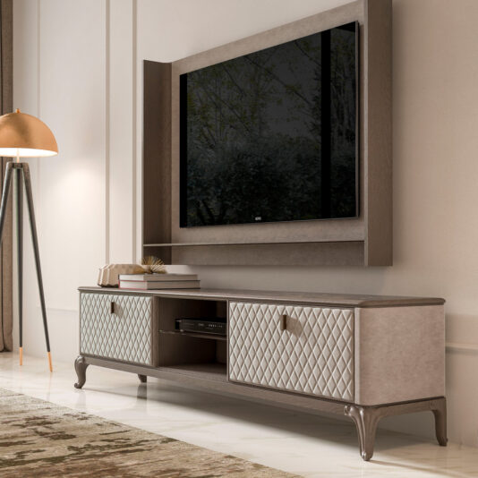 Modern living room with a Designer Italian Quilted TV Unit With Wall Fixture, flat-screen TV on wood panel, gold floor lamp in the corner, and a rug on the marble floor.