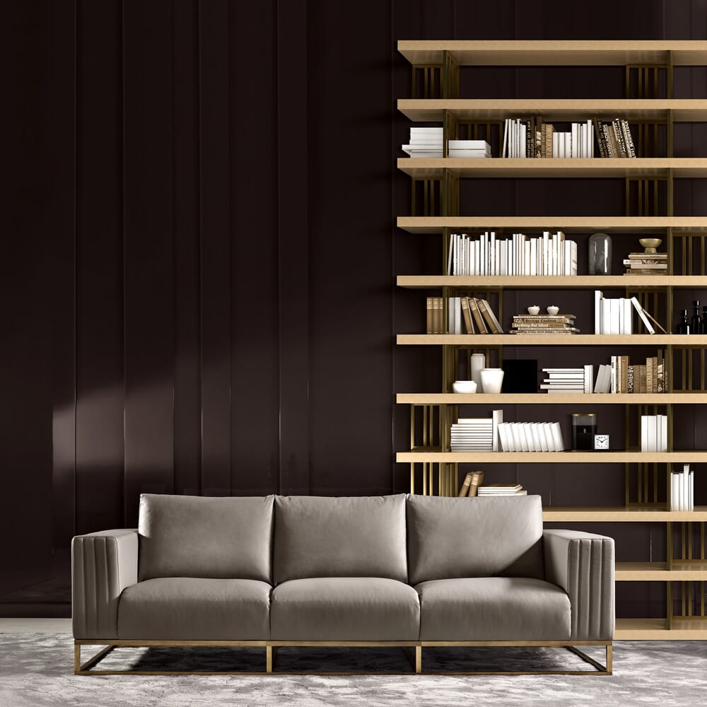 book nook, taupe leather luxury sofa with grand bookcase
