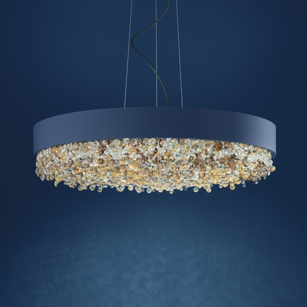 Round Blue Contemporary Chandelier With Amber Pendants
