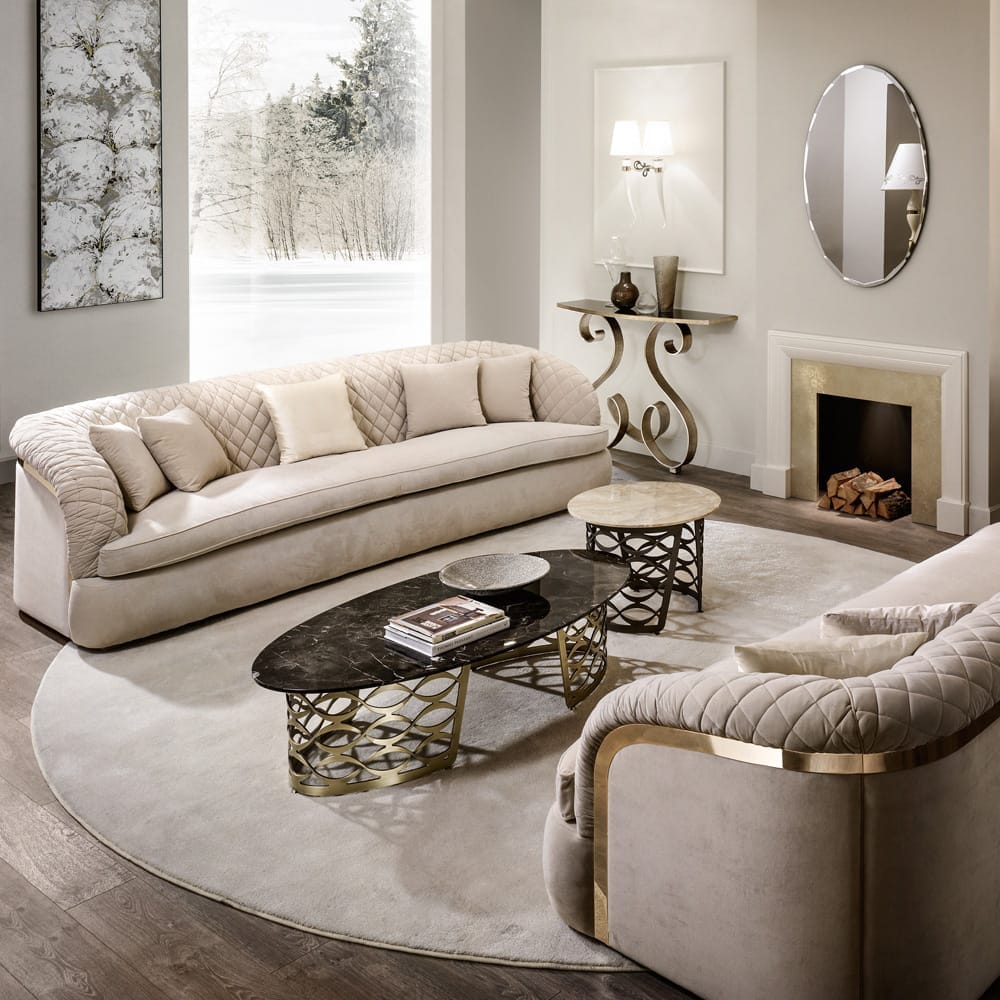ex display furniture, modern italian designer quilted nubuck leather sofa in luxury living room