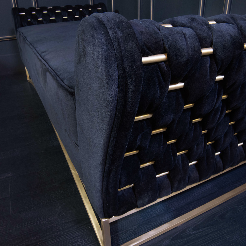 luxury furniture, black and gold chaise longue with woven velvet and brass head and foot