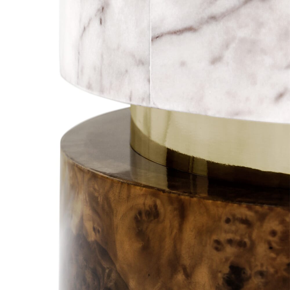 luxury furniture, circular coffee table with high gloss walnut base and white marble top
