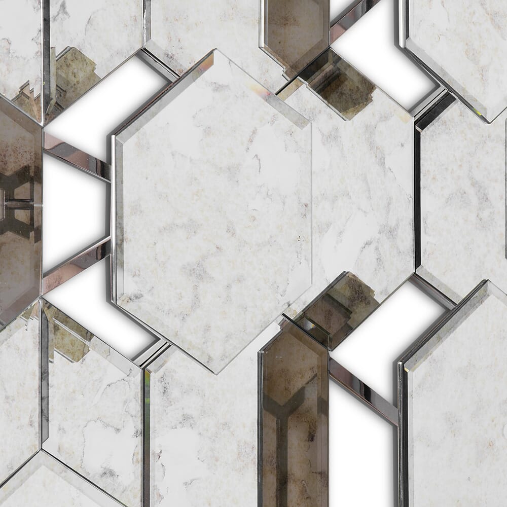 geometric mirror with aged finish and 3D detail