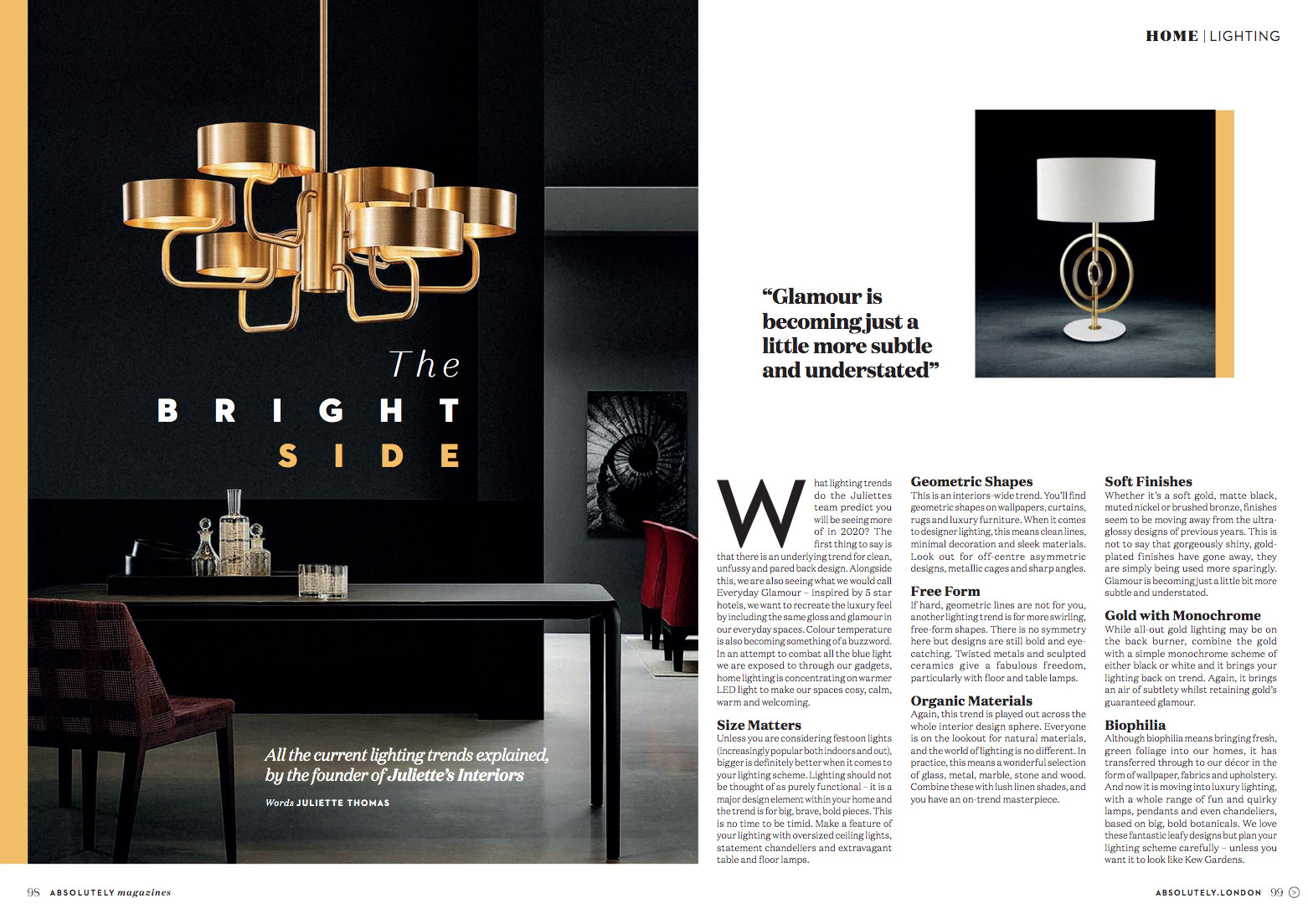Absolutely-Kensington-and-ChelseaMarch20B-copy First page of article on lighting trends 2020 as explained by Juliettes Interiors' founder