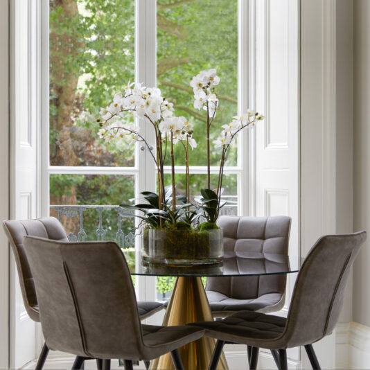 Contemporary Black Glass And Brass Finish Dining Table Set