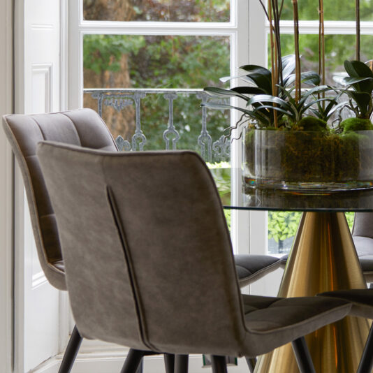 Contemporary Black Glass And Brass Finish Dining Table Set