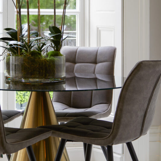 Contemporary Black Glass And Brass Finish Dining Table Set