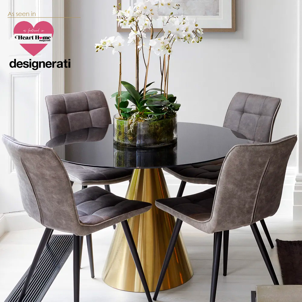 Contemporary Black Glass And Brass Finish Dining Table Set