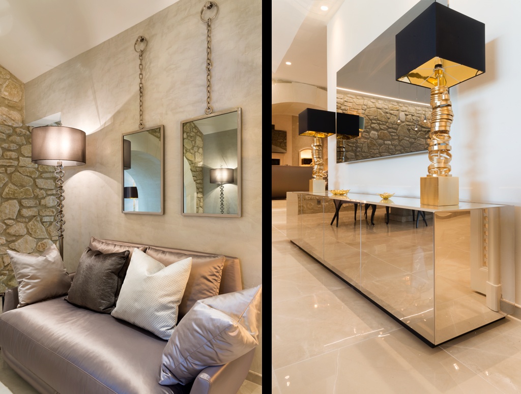 Split image: left side shows a beige sofa with various colored cushions under two hanging lamps and mirrors; right side displays a modern entryway with a reflective console table topped with two black-shaded gold lamps and decorative items.