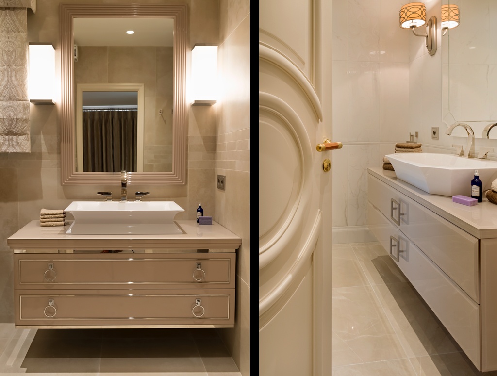 A modern bathroom with a sleek design showcases best interior design elements, featuring a rectangular mirror above a white sink and glossy vanity. To the right, a second view reveals similar elegance in this private residence with chic lighting, decorative handles, and minimalistic decor.