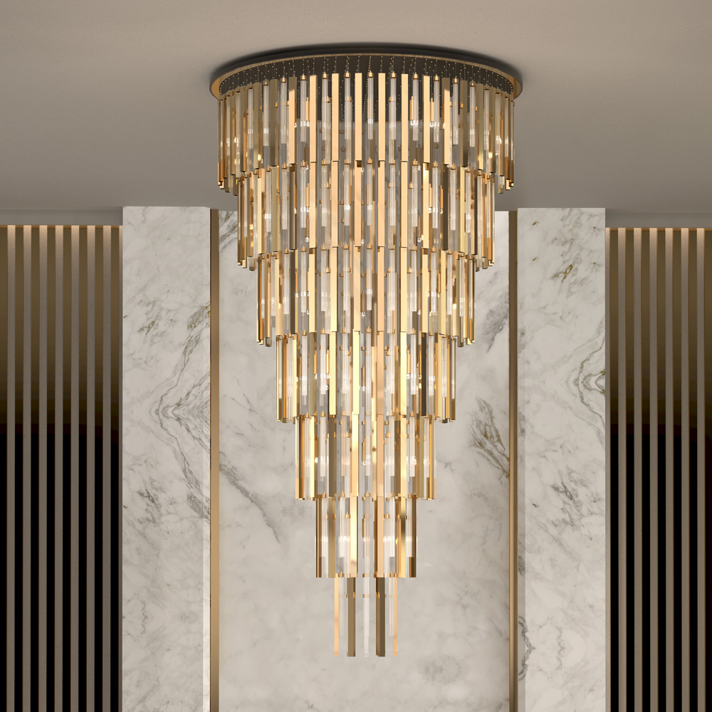 Large Tiered Modern Gold Plated And Glass Designer Chandelier
