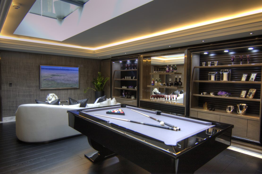 Interior design project on Acacia Road, bespoke room featuring pool table, bespoke fittings and luxury furniture. 