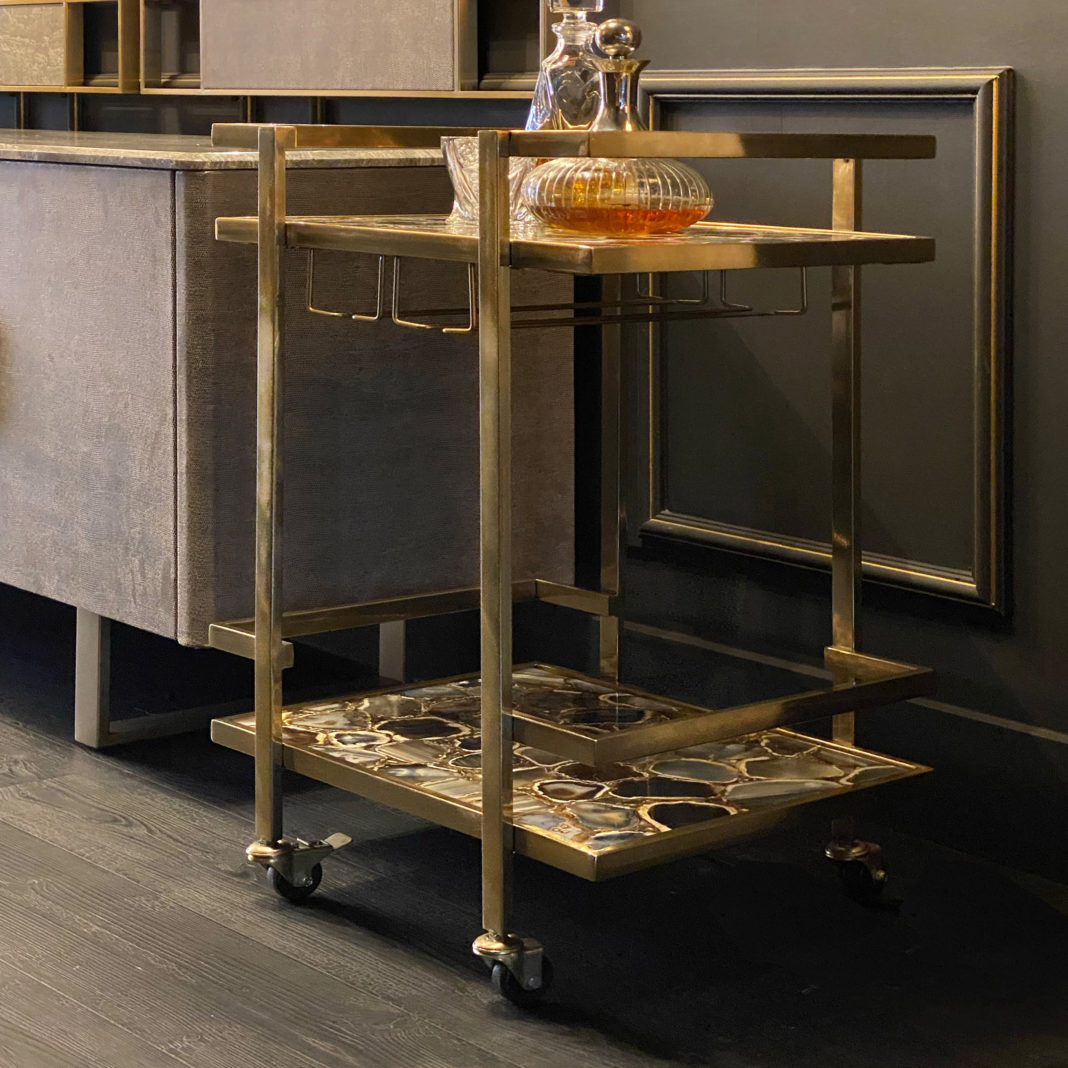 Modern Agate Stone Drinks Trolley In A Gold Finish