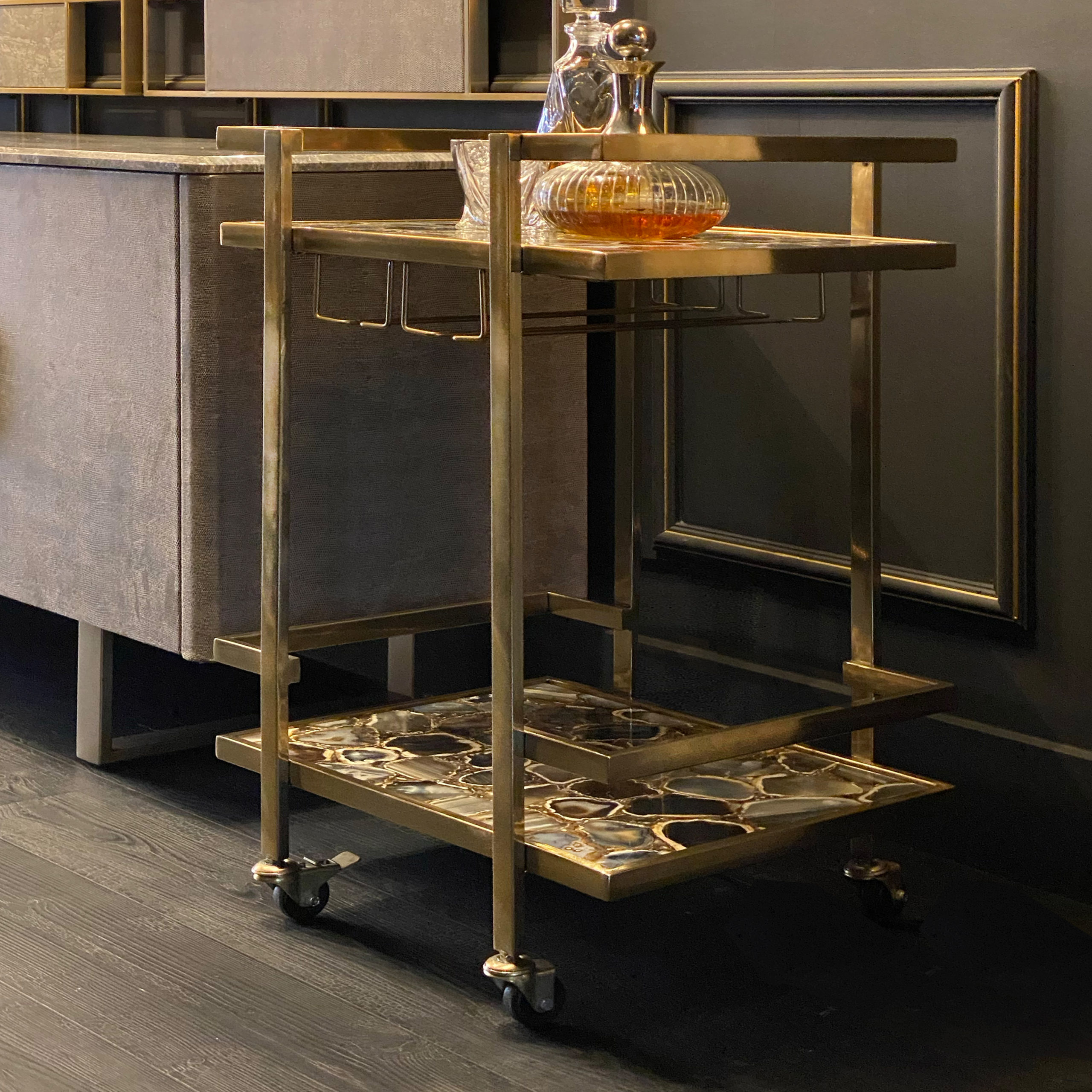 Modern Agate Stone Drinks Trolley In A Gold Finish