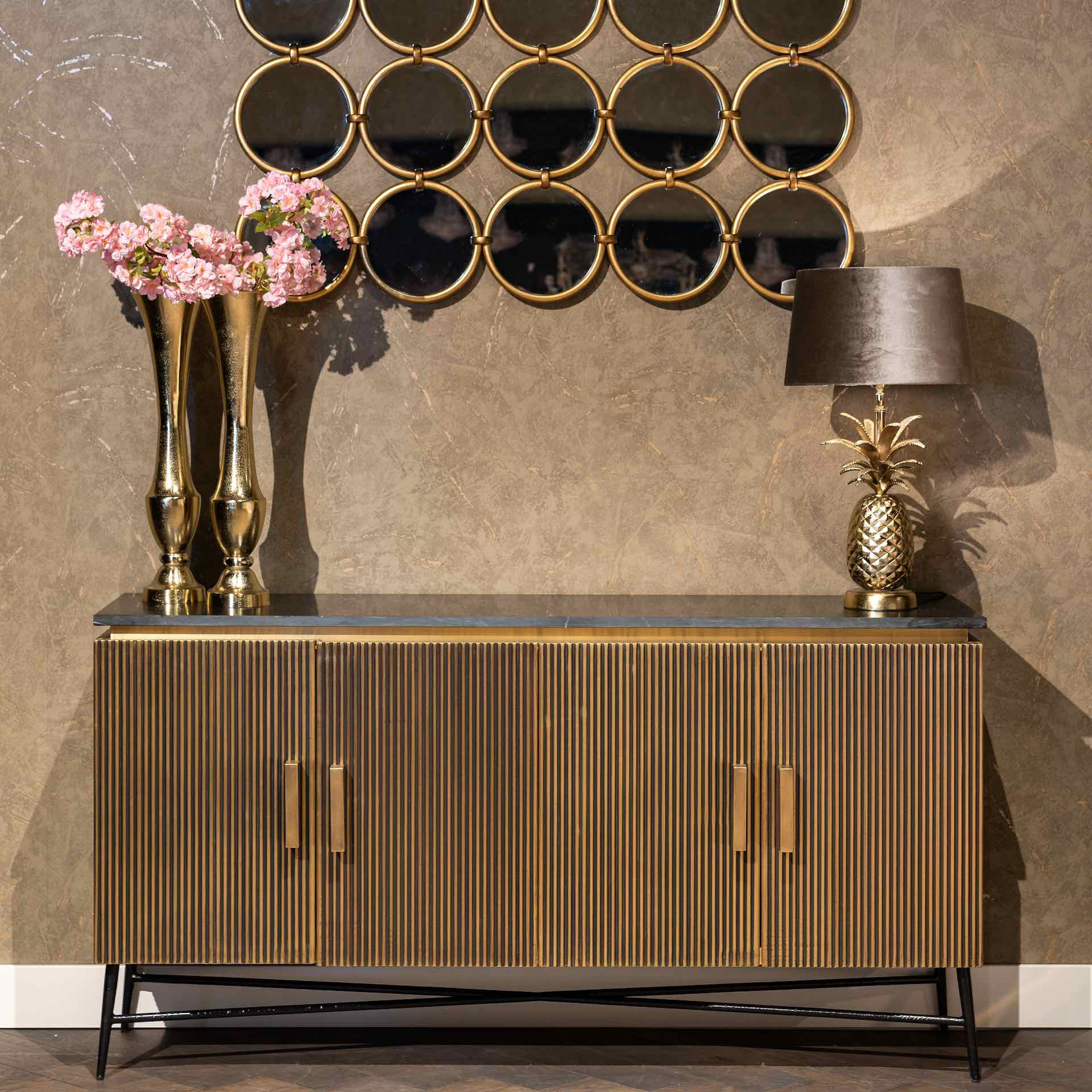 Modern Black Marble And Gold Finish Sideboard