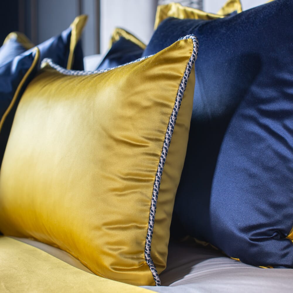luxury furniture, satin cushions in navy blue and mustard
