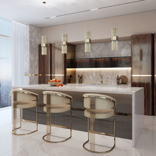 Modern Vertical Pendant Light A luxurious kitchen showcases marble countertops with three elegant stools accented in gold. The space is illuminated by a Modern Vertical Pendant Light, set against wooden cabinets and marble walls. A large window frames an urban skyline view.