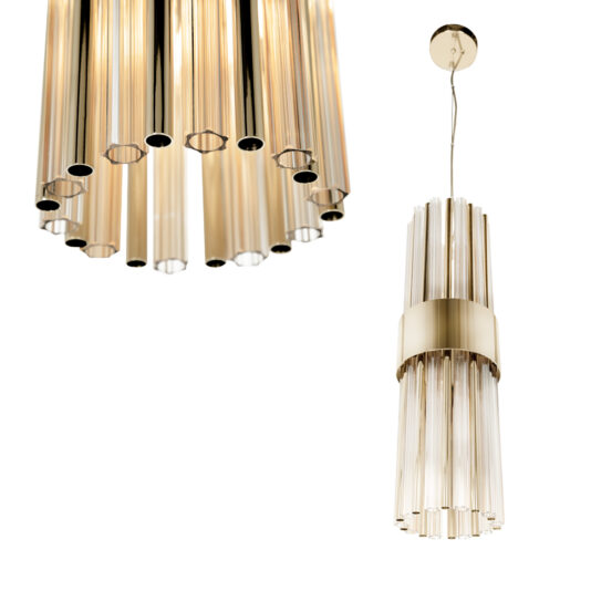 Modern Vertical Pendant Light Two Modern Vertical Pendant Lights with a chic cylindrical design feature elegant gold and glass chandeliers; the larger one hangs on the left, while a smaller version complements it on the right, showcasing a stylish blend of transparent and metallic elements.