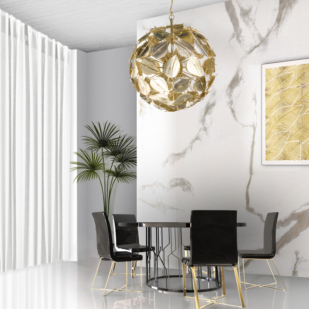 Statement Pieces, Modern Gold Plated Sphere With Leaves Chandelier