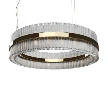 Contemporary Designer Tiered Chandelier The Contemporary Designer Tiered Chandelier is a modern circular light fixture with two concentric rings adorned with vertical clear glass rods and gold metallic accents. Suspended from the ceiling by thin wires, this chandelier showcases an elegant and contemporary design.