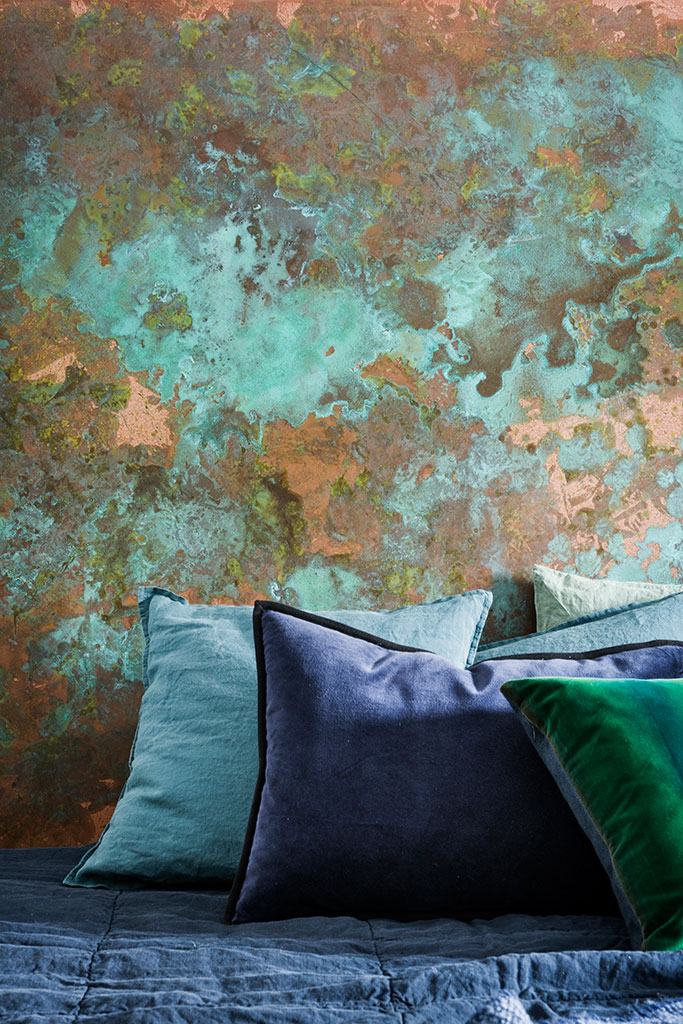 interior design trends, hand painted wall in copper and green oxide