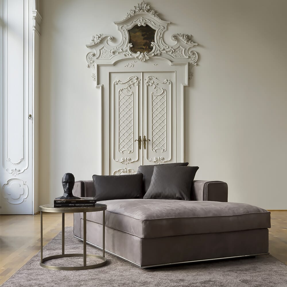 interior design trends, greige, transition style, warm grey oversized chaise longue