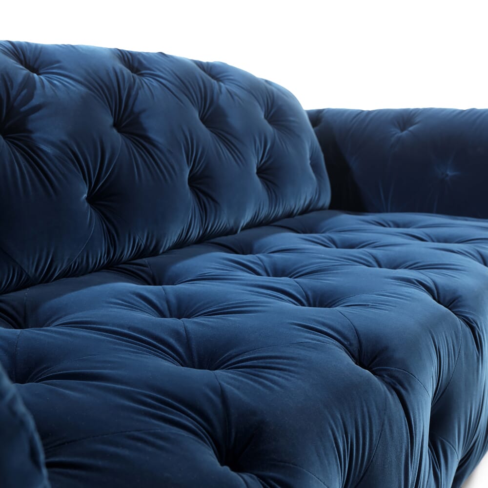 velvet sofa, deep blue button upholstered sofa