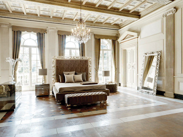 eclectic glamour, classic bedroom with rococo style bed and modern, mirrored bedside table and chest of drawers