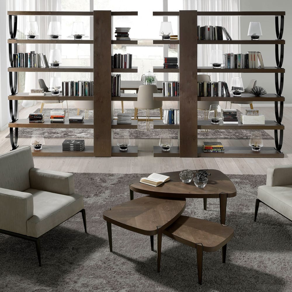 interior design trends, flexible rooms, large room divided by large bookshelves