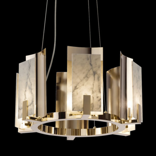 Brass And White Carrara Marble Contemporary Chandelier