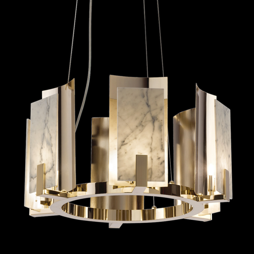 Brass And White Carrara Marble Contemporary Chandelier