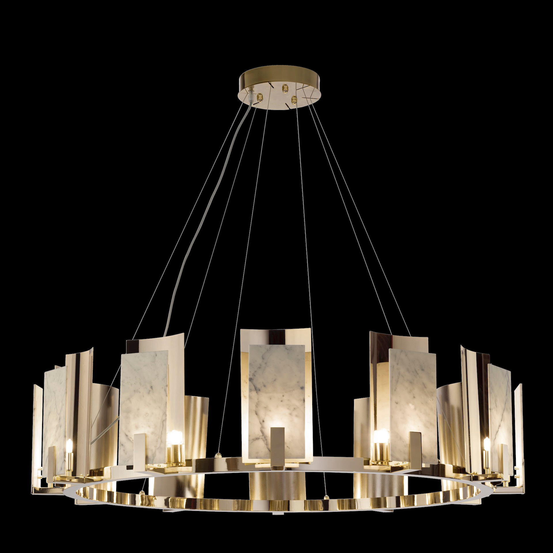 Contemporary Brass And White Carrara Marble Chandelier