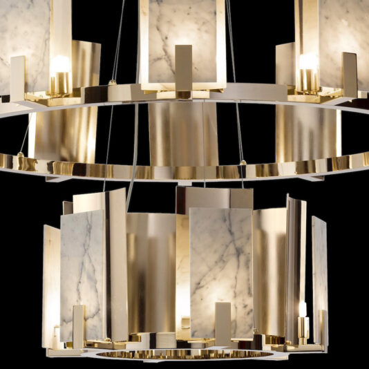 Contemporary Brass And White Carrara Marble Tiered Chandelier Contemporary Brass And White Carrara Marble Tiered Chandelier