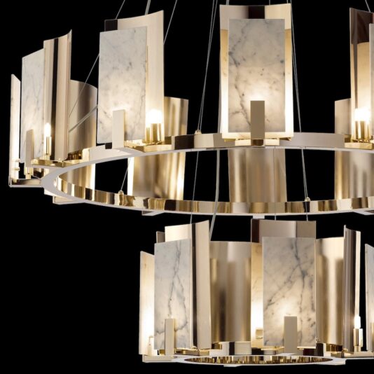 Contemporary Brass And White Carrara Marble Tiered Chandelier Contemporary Brass And White Carrara Marble Tiered Chandelier