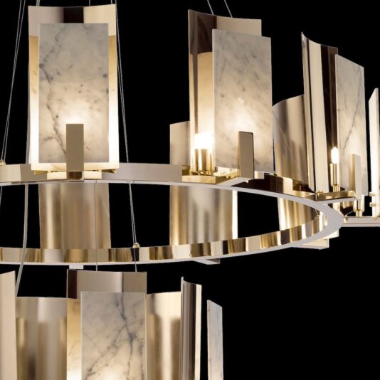 Contemporary Brass And White Carrara Marble Tiered Chandelier Contemporary Brass And White Carrara Marble Tiered Chandelier