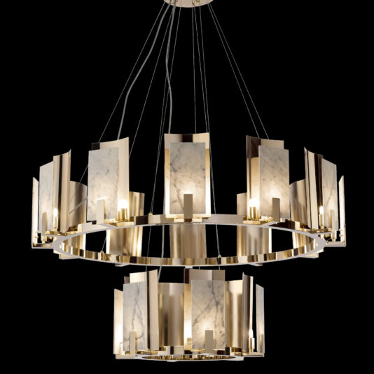contemporary brass and white carrara marble tiered chandelier