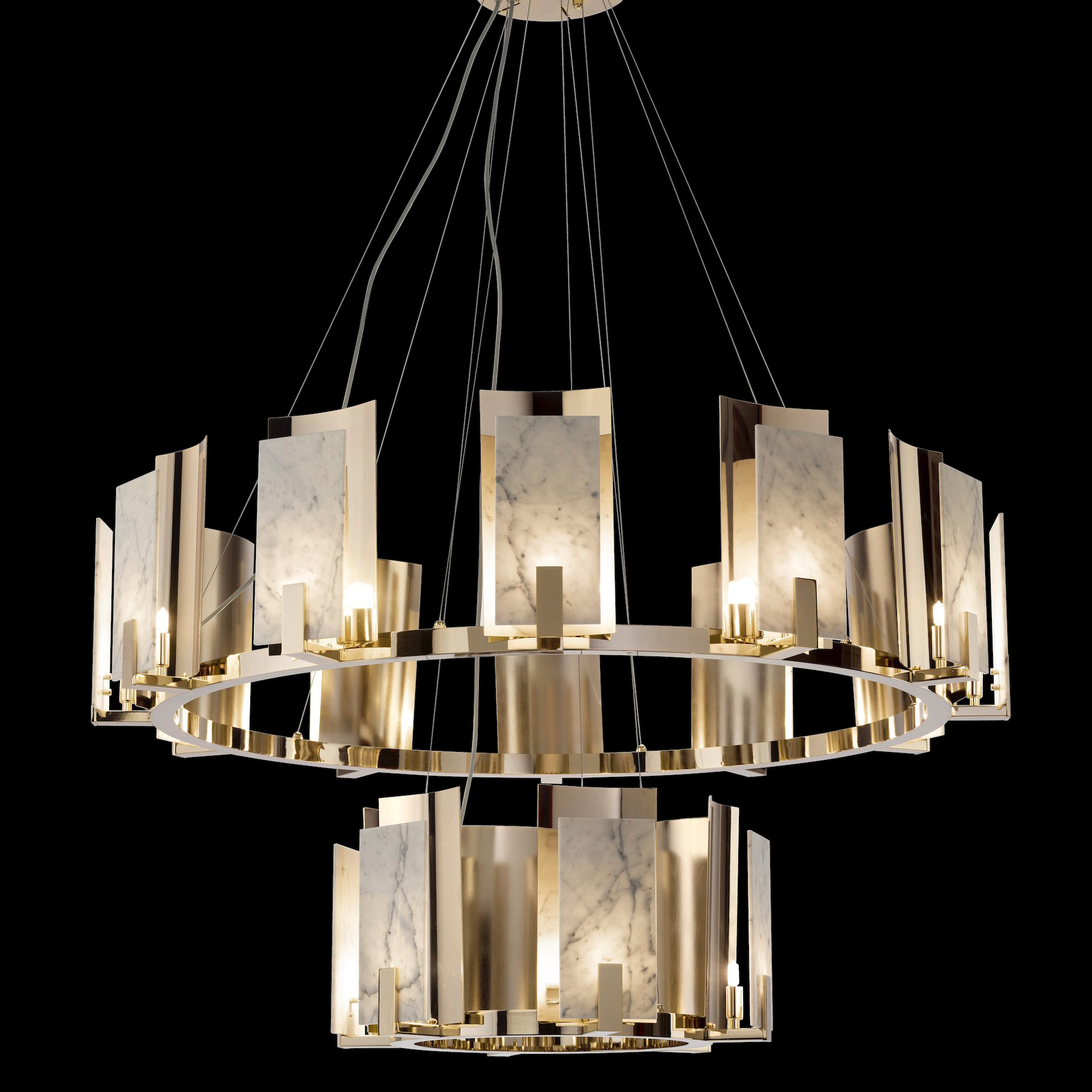 Contemporary Brass And White Carrara Marble Tiered Chandelier