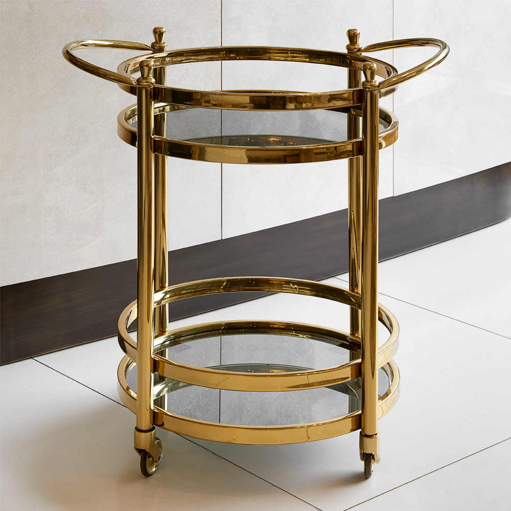 Contemporary Round Gold Finish Trolley With Glass