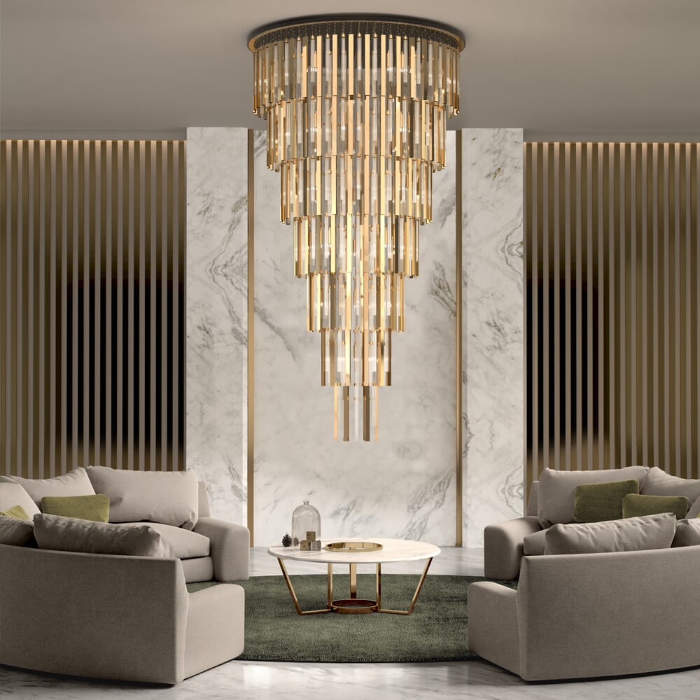 interior design trends, statement pieces, extra large gold and glass tiered chandelier