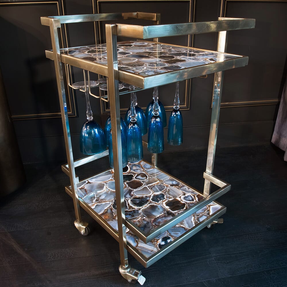 interior design trends, drinks trolley with agate shelves and pewter finish