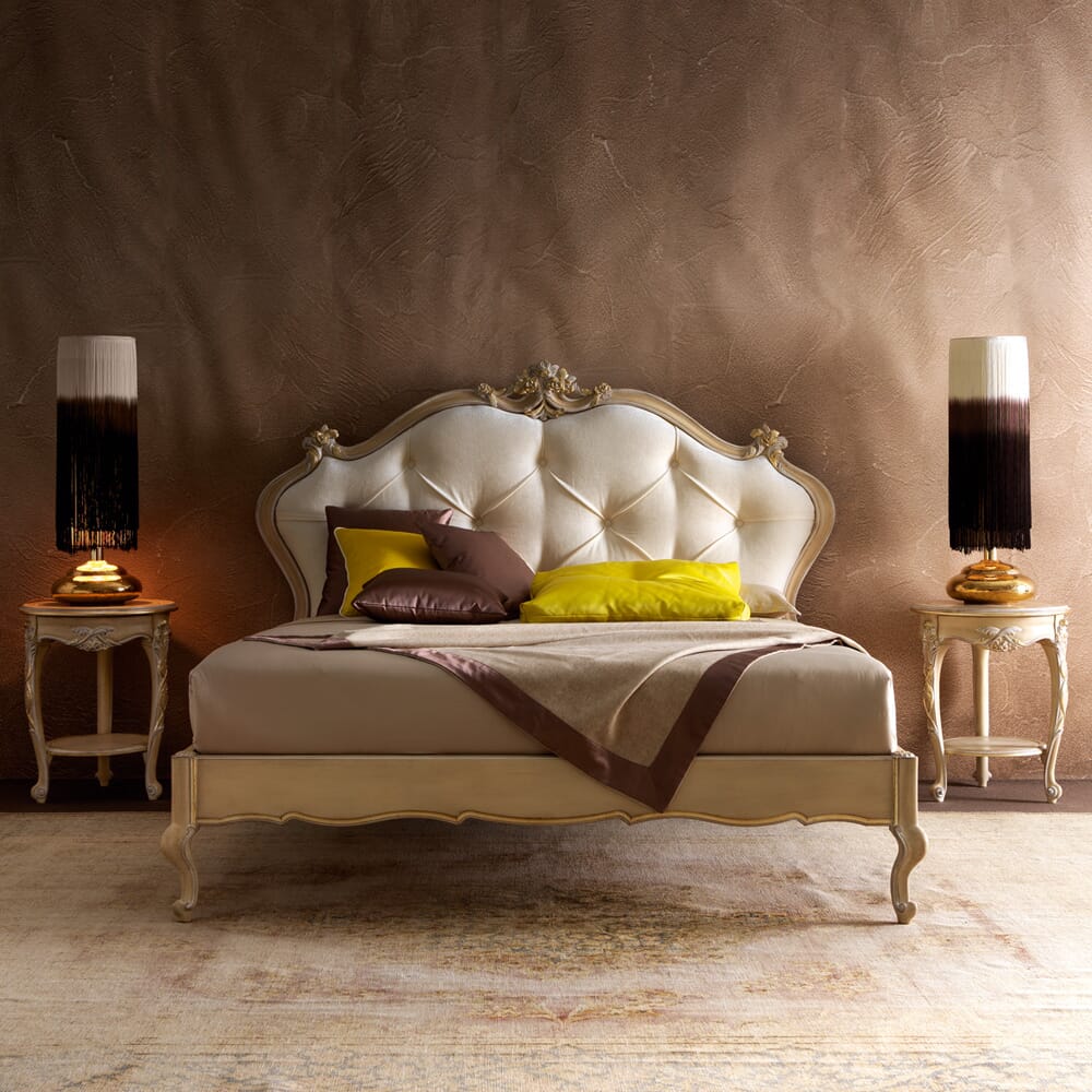 interior design trends, transition style, classic bed and tables with modern lamps and textured wall covering