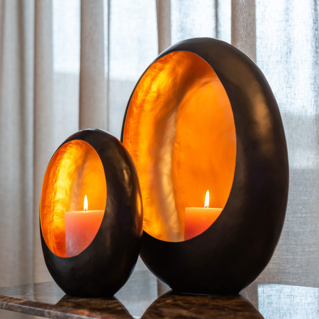 Autumn Accessories, Set Of Two oval Black And Gold Candle Holders
