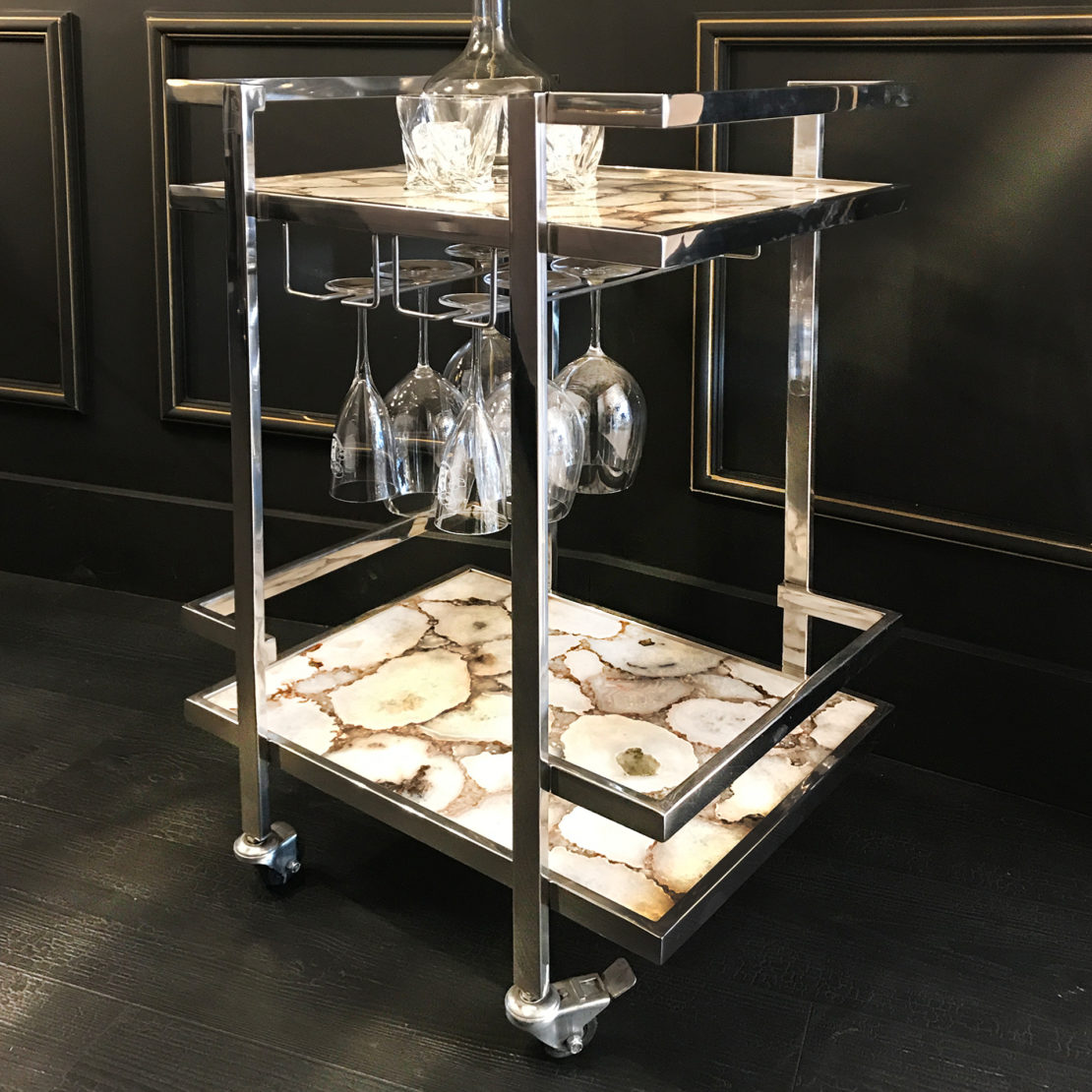 White Agate Stone And Silver Finish Drinks Trolley