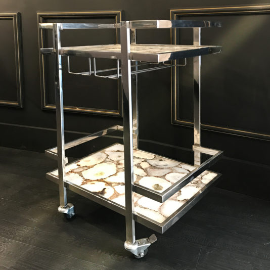White Agate Stone And Silver Finish Drinks Trolley