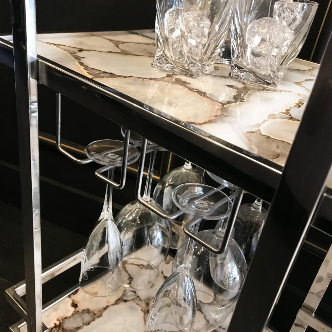 White Agate Stone And Silver Finish Drinks Trolley
