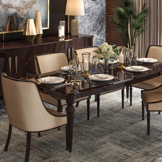 Luxury Exclusive Dining Table And Chairs Set Elegant dining room featuring the Luxury Exclusive Dining Table And Chairs Set for six, styled with candles, glassware, plates, and a floral centerpiece. Decor includes a lamp, vases, and a large plant.