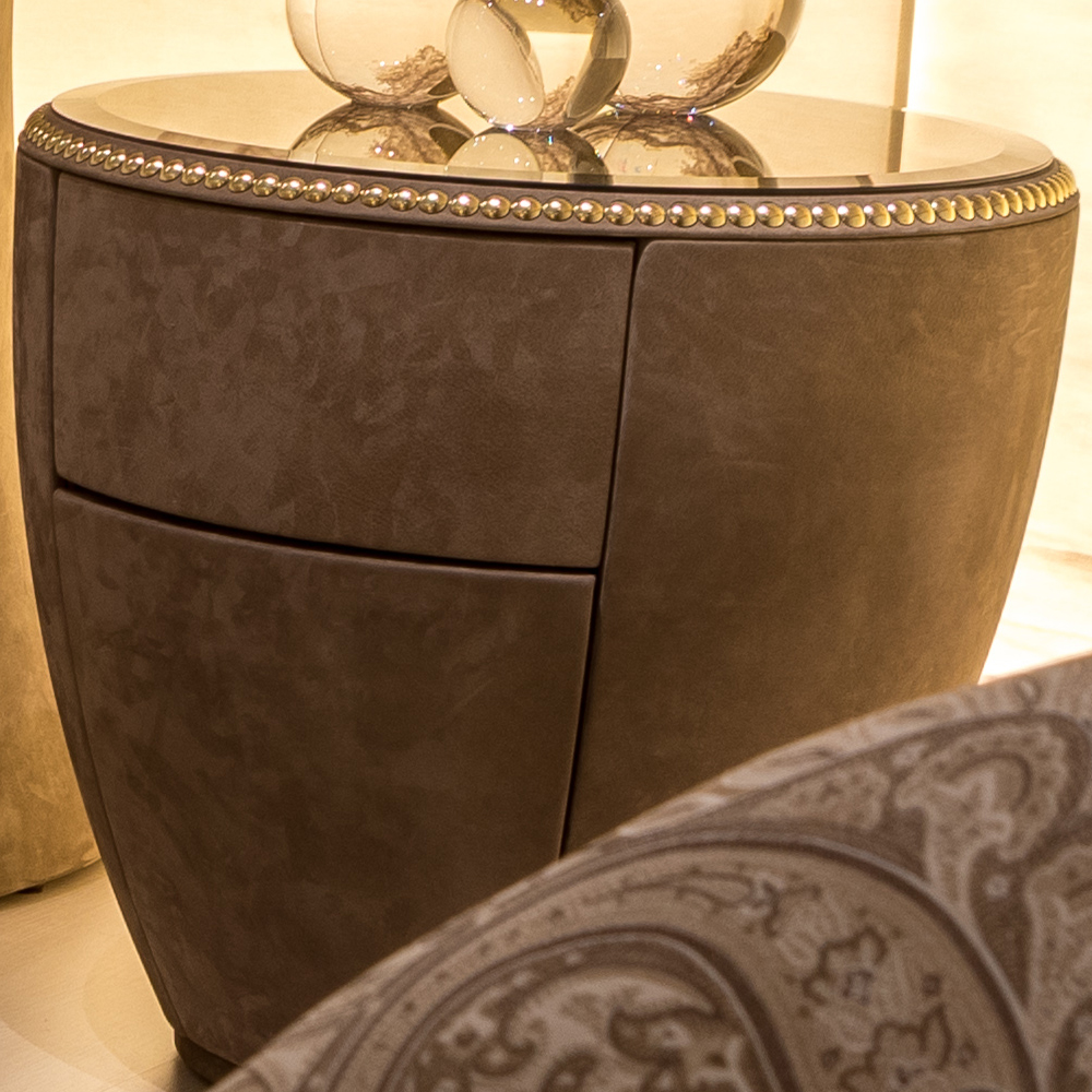 Round Studded Leather Bedside Cabinet