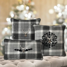 Grey Wool Tartan Silver Stag Scatter Cushion Set