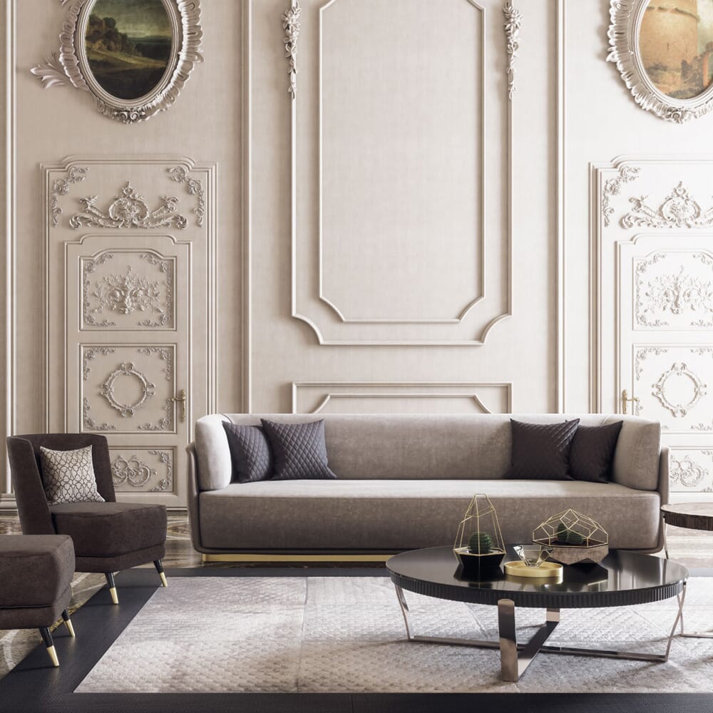 A palatial interior with ornate, panelled walls, luxury furniture, and a neutral colour scheme