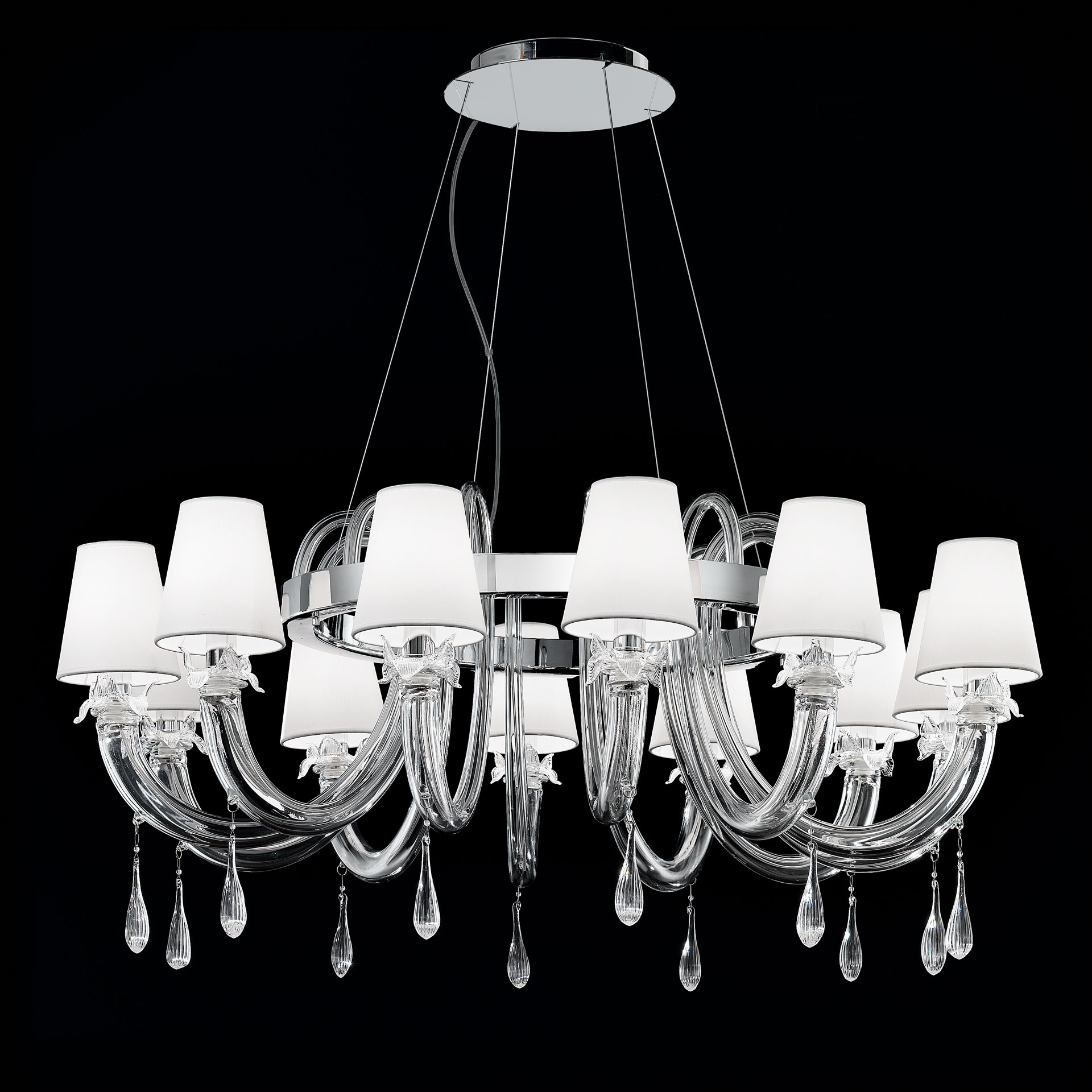 Clear Murano Glass Chandelier With Silk Shades